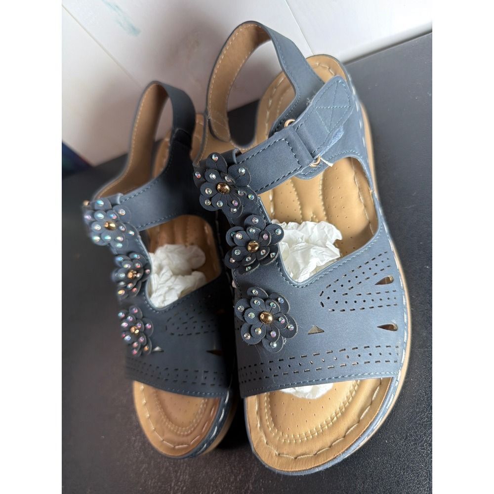 SHIBEVER Floral Rhinestone T-Strap Sandals Blue EU 41 Womens
